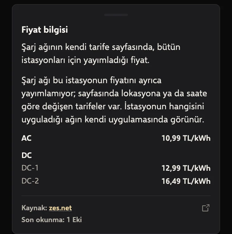 Fiyat bilgisi paneli: tarifeler ve kaynak sayfa