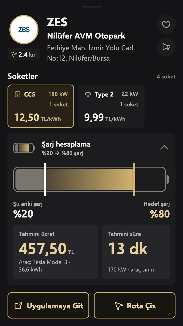 Uygulamada bir istasyon kartı: soketler, kWh fiyatları ve şarj hesabı
