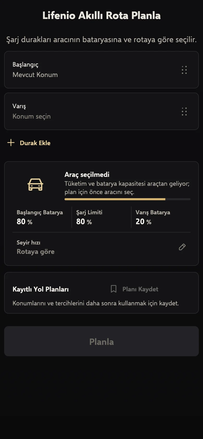 Rota planlayıcı formu: başlangıç, varış, batarya ve şarj limiti